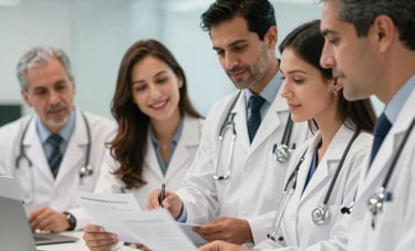 A group of healthcare managers in a modern, bright office in Colombia, reviewing documents with a warm and professional expression. The setting is professional and clean with soft blue tones.