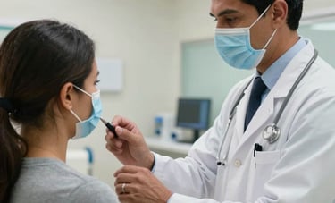 A doctor in a white coat performing an occupational health check-up on a worker in a bright, modern South American medical facility. Professional and trustworthy atmosphere.