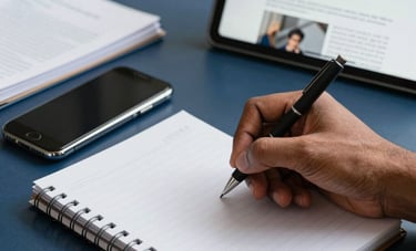 A desk with a notebook, a smartphone, and a tablet displaying a blog about SEO strategies. A South Asian &amp;amp;#x2F; Pakistani hand is seen taking notes. The aesthetic is professional and academic, featuring shades of Navy and Mid Blue with soft lighting.