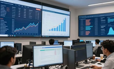 A modern digital marketing agency interior in a Pakistani city. Large screens show social media analytics and growth charts. The scene is bright and professional, highlighting a tech-forward atmosphere with Mid Blue and Dark Blue accents.