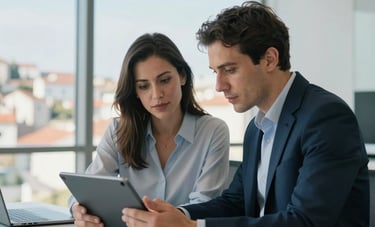 A professional mentoring session between two individuals in a sleek, modern office overlooking a Portuguese city. They are focused on a tablet, showing a trustworthy and growth-oriented atmosphere. Bright, airy composition with pale blue and dark blue palette details.