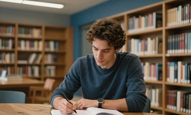 A professional adult student taking notes in a sophisticated, contemporary library in Porto, Portugal. European setting, soft overhead lighting, warm wood textures, and steel blue accents, highlighting a reliable and academic atmosphere.