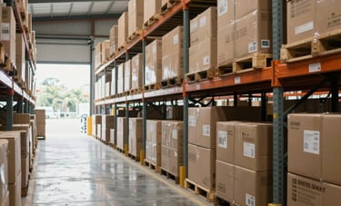 A wide-angle professional photograph of a clean, organized logistics warehouse in Brazil. Bright, natural lighting reflects off the polished floors, showing the scale and efficiency of a high-end transport company. Reassuring and calm style.
