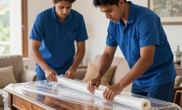 Movers in tidy blue uniforms carefully wrapping a wooden antique table in protective bubble wrap inside a bright South American living room. The focus is on the precision and care of their hands. Professional and clean aesthetic.