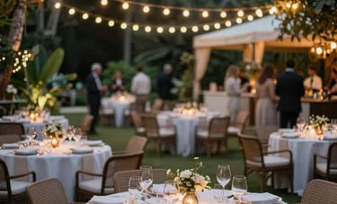 A sophisticated evening outdoor social event in a lush South American garden setting. The scene features elegant lounge furniture, warm hanging fairy lights, and beautifully set tables with glassware reflecting the soft light, capturing a creative and festive mood.