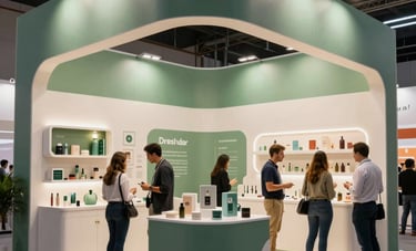 Photography of a vibrant and elegant trade fair exhibition booth in Brazil. The design is modern with slate green and off-white accents, featuring sleek architectural lines and professional lighting that highlights the products displayed. People interact in a professional manner.