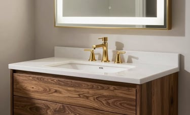 Close-up of a custom floating wood vanity with a white quartz countertop in a North American home. A large backlit mirror and gold hardware add a touch of luxury to the minimalist bathroom design.
