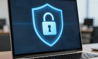 A close-up shot of a high-end laptop in an Ecuadorian corporate office showing a stylized digital shield and data protection lock, soft bokeh background, electric blue and dark gray color palette.