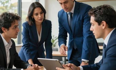 A collaborative meeting in a bright South American architectural setting, business owners discussing digital strategy around a tablet, professional and approachable mood, electric blue accents.