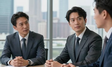 Two business professionals in structured suits having a strategic meeting in a glass-walled conference room. A North American city skyline is blurred in the background, with a palette of slate blue, silver, and off-white.