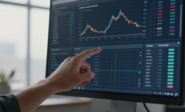A professional setting featuring a hand pointing to a digital financial dashboard on a sleek monitor. The scene uses cool navy and slate tones with soft morning light through a large office window in a North American setting.