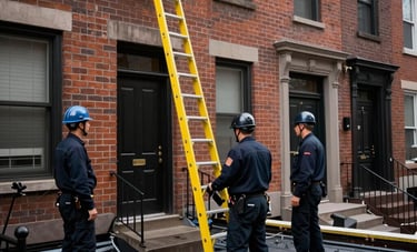 Wide shot of a residential neighborhood in New York City with a crew in dark navy uniforms performing a post-storm roof inspection. A bright yellow safety ladder is leaning against a brick facade. High-contrast, industrial-grade photography style.