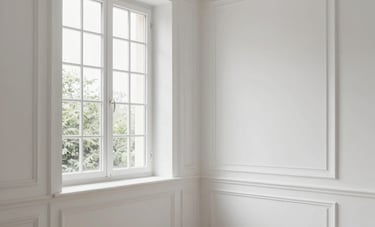 The interior of a modern French residence showing high-quality plasterwork and interior finishing. Clean white walls, professional lighting, and precise detailing on window frames. A sense of modern comfort and professional execution.