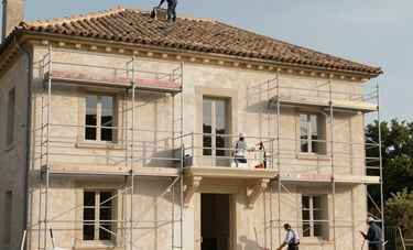 A French villa undergoing facade and roof renovation. Scaffolding is neatly arranged, showing a clean work site. Professional painters and roofers working under the soft light of the Provence sun. High-quality materials visible.
