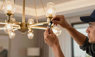 A close-up of a professional electrician's hand installing a modern, elegant chandelier in a contemporary South American living room. Warm lighting, focus on precision and craftsmanship.