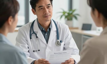 A compassionate North American / US medical professional in a clean, modern office discussing a personalized health education plan with a patient, soft natural lighting.
