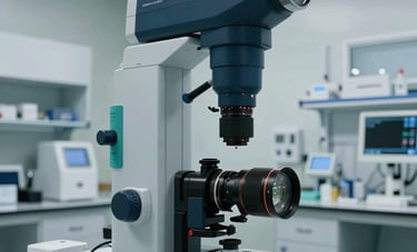 A high-tech laboratory setting in North American / US, showing advanced medical diagnostic equipment in shades of dark blue and teal, with bright, professional studio lighting.