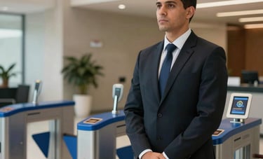 A focused security professional in a formal dark suit standing in a sleek, modern Brazilian corporate lobby with electronic turnstiles and royal blue accents. High-end professional atmosphere.
