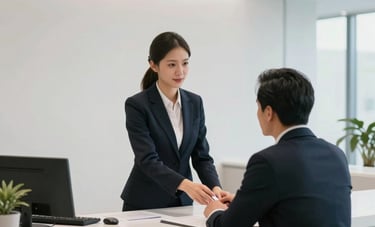 A professional South American office scene showing a receptionist in corporate attire assisting a client in a bright, modern, minimalist lobby. Clean lines and professional lighting.