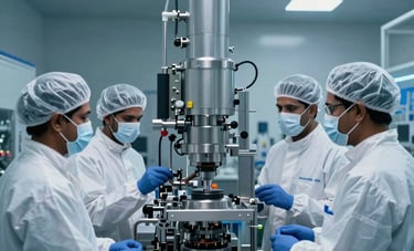 Professional photography of a high-tech pharmaceutical manufacturing plant in India. South Asian staff in protective gear monitor clean automated production lines. Deep blue and white clinical aesthetic.