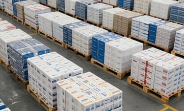 Wide angle photograph of a corporate logistics hub in Bangalore. Neatly organized pallets of medicine boxes in a vast warehouse setting. South Asian / Indian professional environment, bright and efficient.