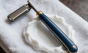 Macro photography of a traditional straight razor shave with white lather and a steaming towel. The atmosphere is serene and elegant, reflecting the purity of Obatalá. Professional tools in steel blue and gold. South American / Ecuadorian barbershop context.