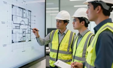 A group of engineers in white hard hats and reflective vests standing in a professional office setting in Saudi Arabia, reviewing technical structural drawings on a large screen. The lighting is bright and clean, reflecting a high-tech engineering environment.