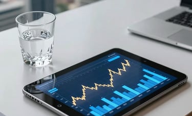 A high-angle photograph of a modern Brazilian financial district office desk. A tablet displays glowing blue and gold growth charts next to a crystal water glass. Professional and wealthy atmosphere.