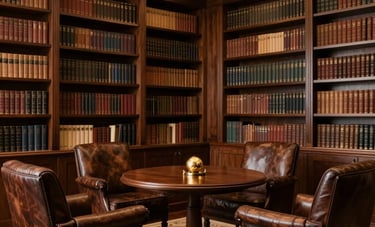A sophisticated Brazilian private library with dark wood shelves and leather armchairs. Gold-toned accent lighting illuminating a classic, professional meeting space for wealth transition discussions.