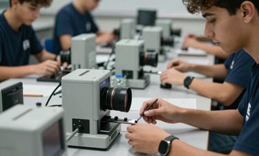 A hands-on technical workshop in a Portuguese vocational school. Students are working with sophisticated equipment on light grey workbenches. The composition is focused and energetic, showing the process of active learning and skill development. Soft grey-blue and dark blue palette.