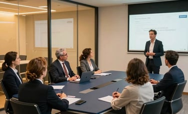 A high-level executive training masterclass in a sleek, contemporary Lisbon office building. A diverse group of European Portuguese professionals are seated around a dark blue conference table, listening to a keynote speaker. The scene is professional and inspiring, with warm gold lighting accents.