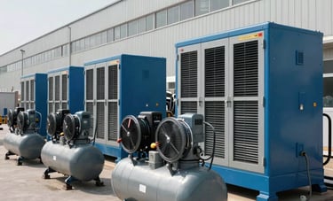 Clean, heavy-duty industrial equipment including air compressors and chillers lined up outside a modern US manufacturing facility. The machinery is painted in industrial blue and grey, under a clear sky, emphasizing robust rental solutions.