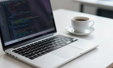 Close-up of a high-end laptop on a clean white desk in a South American / Brazilian tech office. The screen shows abstract code patterns. Beside the laptop is a cup of coffee. Bright, airy, and professional atmosphere with muted blue tones.
