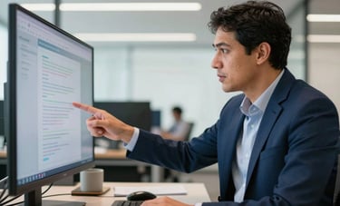 A professional IT consultant in a South American / Brazilian corporate setting, pointing at a digital screen during a strategy session. Soft focus on the background office, sharp focus on the professional interaction. Lighting is clean and natural, palette includes deep blues.
