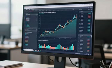 A clean, bright North American corporate workspace featuring a high-resolution display showing upward growth trends and market analysis. Sophisticated composition, soft focus background, emphasizing efficiency and success.