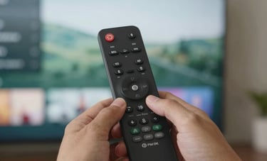 A close-up of a person's hands holding a modern streaming remote in a North American home setting. The TV screen in the background shows a clear setup menu, with soft green and light gray lighting.