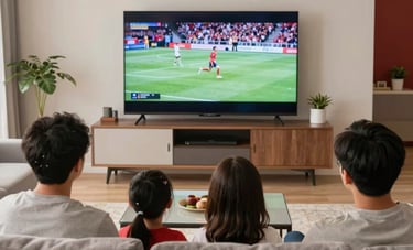 A North American family relaxing in a modern living room, watching a live sporting event on a high-definition TV. The lighting is warm and natural, highlighting a clean, efficient space with soft gray and red accents.