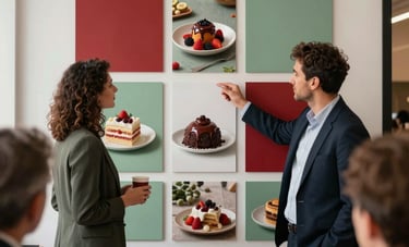 A collaborative marketing planning session in an elegant European / Spanish office. Experts looking at a mood board with food photography, featuring crimson and sage green brand accents. Professional, creative, and warm atmosphere.