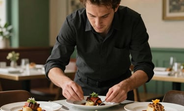 A professional food photography session in a European / Spanish Scandinavian-style restaurant. A stylist meticulously arranging a gourmet dish under soft, warm lighting. Forest green and beige tones in the background decor.