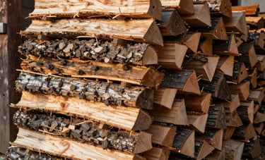 Neatly stacked cords of seasoned North American hardwood, split and ready for burning, set against a rustic barn background in warm natural afternoon light.