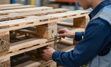 A close-up of a technician in a safety vest inspecting a wooden pallet for quality in a North American warehouse. Professional and trustworthy mood with light gray-blue and dark blue colors in the composition.