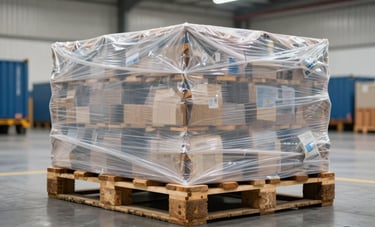 Detailed photography of a perfectly shrink-wrapped palletized load in a North American logistics hub. The background shows an efficient, clean shipping dock with muted blue industrial elements and off-white lighting.