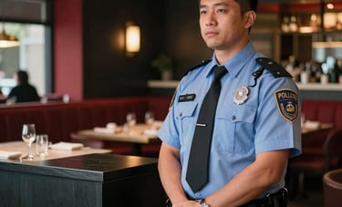 A discreet security professional standing near a restaurant host stand in a sophisticated dining room, North American / US. The background shows warm lighting and a modern aesthetic with deep black and red accents. The atmosphere is calm and secure.