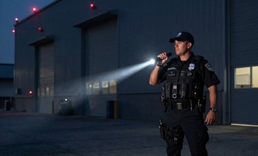 A licensed security guard patrolling the perimeter of a large warehouse at night, North American / US. The guard is using a flashlight against a dark grey industrial exterior with red emergency lights in the distance. Professional and vigilant mood.