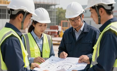 A group of professional engineers in white safety helmets and high-visibility gear discussing complex blueprints on a bright, active infrastructure project site. Global Professional setting with a focus on precision and teamwork, accented with dark blue and white tones.