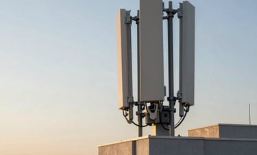 A high-tech telecommunications antenna installed on a modern building rooftop in a Brazilian city. The background shows a clear sunset sky with pale blue and off-white horizons. Professional architectural photography style.