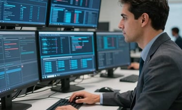 A South American IT expert working in a modern network operation center. Multiple monitors displaying data streams in medium blue and navy colors. The person is dressed in professional attire, reflecting a trustful business environment.