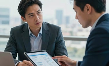 A professional meeting in a bright Australian office setting. Two colleagues in business attire discussing strategy, with a focus on a digital tablet showing clean data. Airy composition, highlighting expertise. Colors include charcoal teal and sky blue.