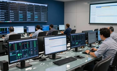 A modern Operations Control Center (OCC) in Brazil, showing clean glass desks and multiple high-resolution monitors displaying server status and system health. The lighting is professional, featuring dark blue and light gray accents.