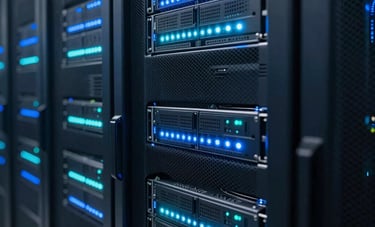 Sleek, professional close-up of high-tech server racks in a secure Brazilian data center. The scene is illuminated by glowing blue and cyan status LEDs, emphasizing a cold, secure, and modern technological environment.